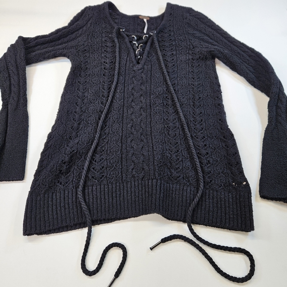 Free People Crochet Knit Black Sweater Top Large Bohemian